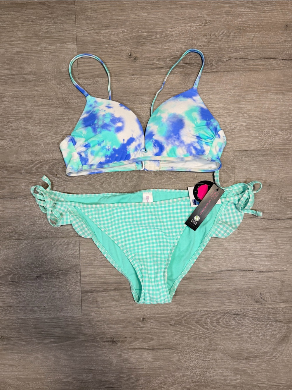 No Boundaries Aqua Tie-Dye & Mint Gingham Bikini Set